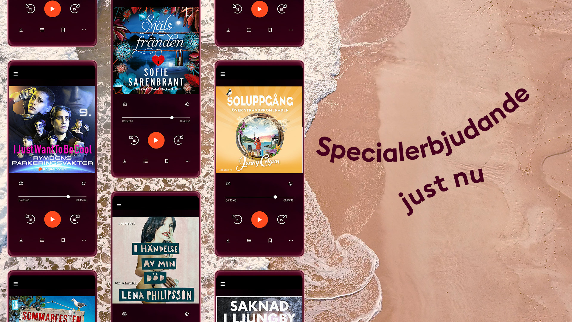 Ett collage med ljudböcker och e-böcker över en strand